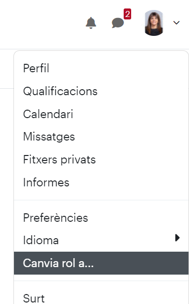 menu del perfil per canviar rol a estudiant